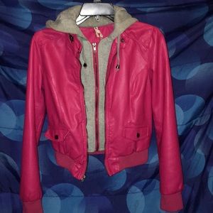 pink and grey leather jacket